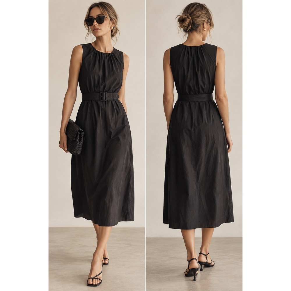 Liz Claiborne Silk Cotton Black Belted Midi Dress Minimalist Size 10